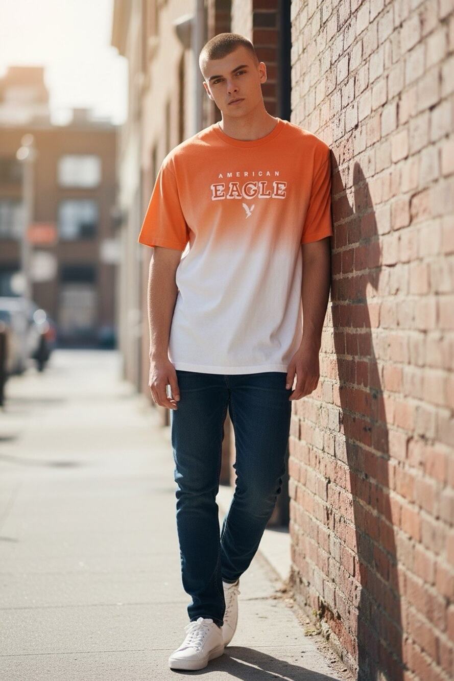 American Eagle Men’s Medium Super Soft Orange/White Ombre Logo T-Shirt
